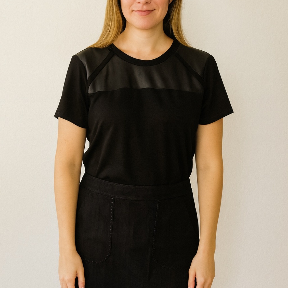 Ann Taylor Black Faux Leather Panel Short Sleeve Top- Size‎ S
